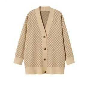 Mango beige brown geometric print over size knit cardigan size small